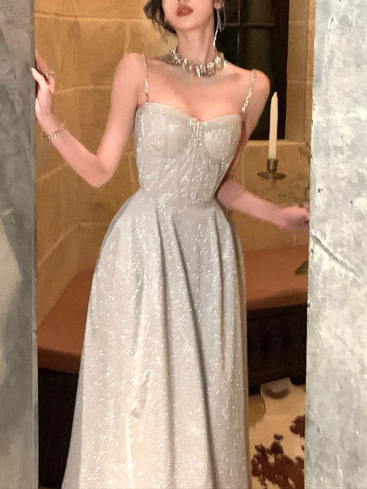 Elegant Evening Party Dresses for Women Summer New Spaghetti Strap Shiny Sleeveless Midi Birthday Dress One Piece Vestido Mujer Tunics Running lightweight