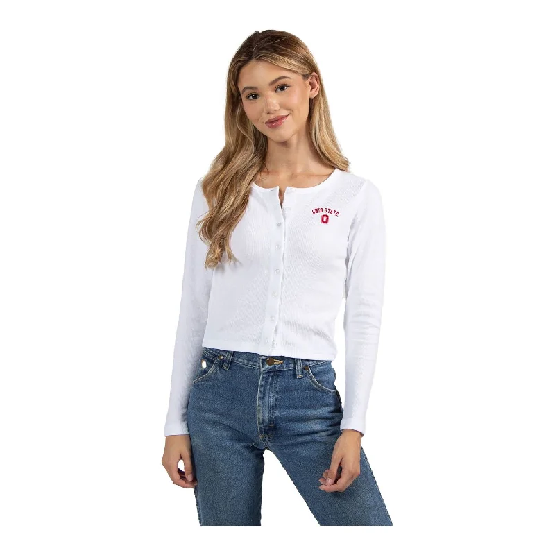 Ladies Ohio State Buckeyes Arch Over Button Down Cardigan Ribbed Striped Patterned