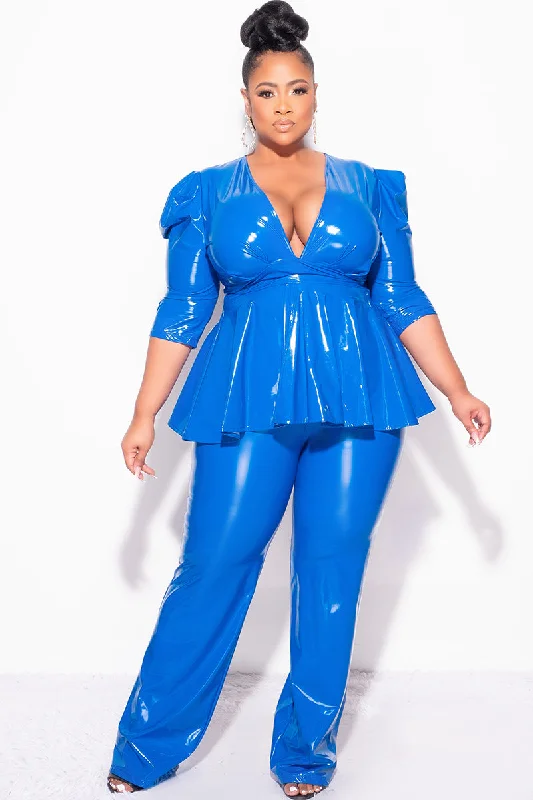 Final Sales Plus Size 2-Piece Latex Peplum Top and Pants Set in Royal Blue Cozy Knit Pants
