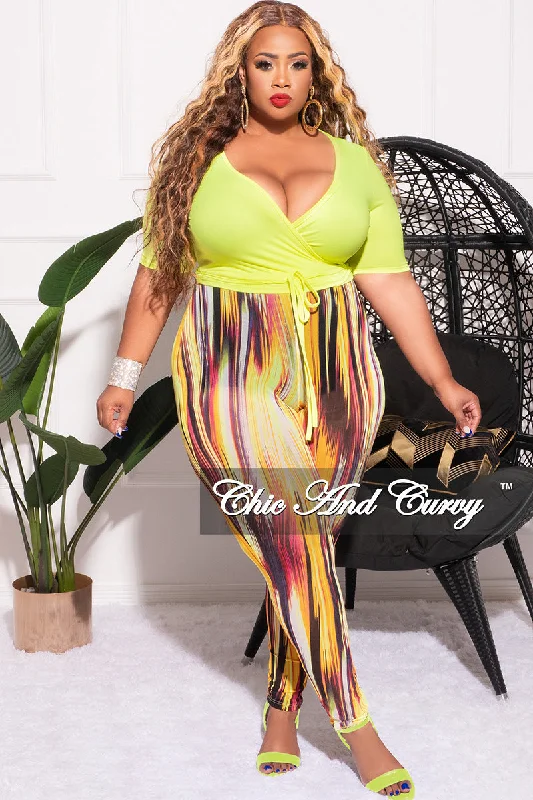 Final Sale Plus Size 2pc Long Sleeve Crop Tie Top and Mesh Pants in Neon Green Multi Color Casual Lounge Pants