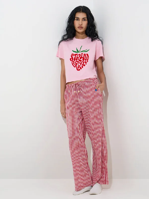 Superstar Red Gingham Printed High-Rise Cotton Pants High-Waist Jogger Pants