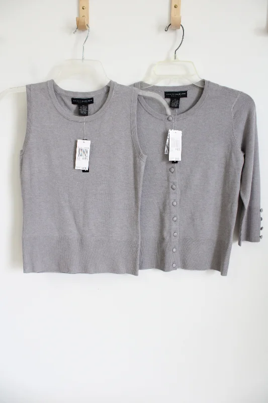 NEW Grace Elements Butter Soft Gray Knit Matching Tank & Cardigan | PP Petite Patchwork Embroidered Appliqued