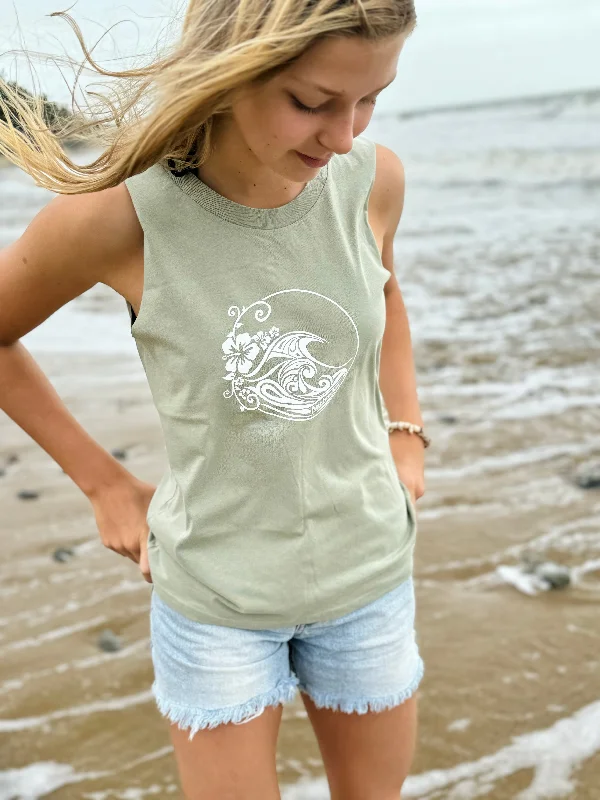 Ladies Swell Tank - Sage Green & White mesh tank top