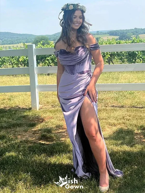 Gorgeous Velvet Lilac Off Shoulder Side Slit Mermaid Long Party Dress Prom Dresses, WGP978 Boat Neckline Classic Gorgeous Velvet Lilac Off Shoulder Side Slit Mermaid Long Party Dress Prom Dresses, WGP978 Boat Neckline Classic
