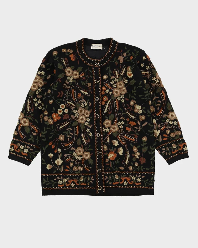 Black Embroidered Floral Knitted Cardigan - M Satin Fabric Silk Fabric Chiffon Fabric