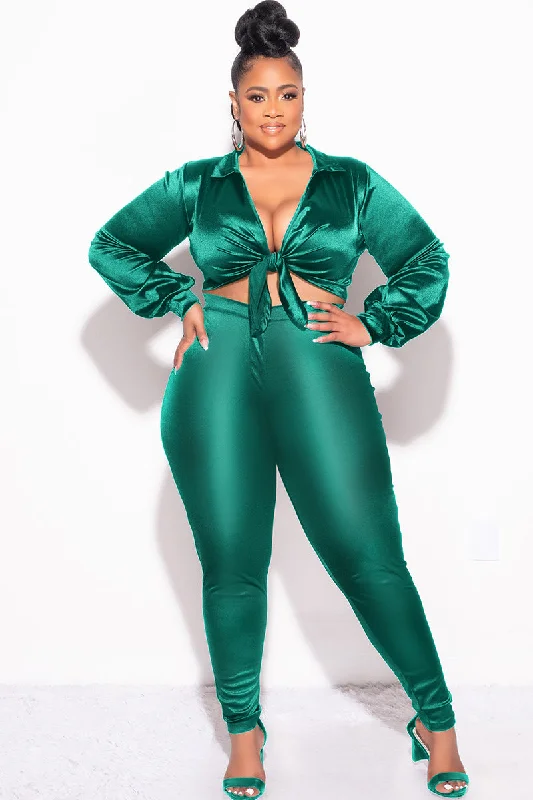 Final Sale Plus Size 2pc Shiny Satin Collared Crop Tie Top and Pants Set in Green Comfortable Wide-Leg Pants