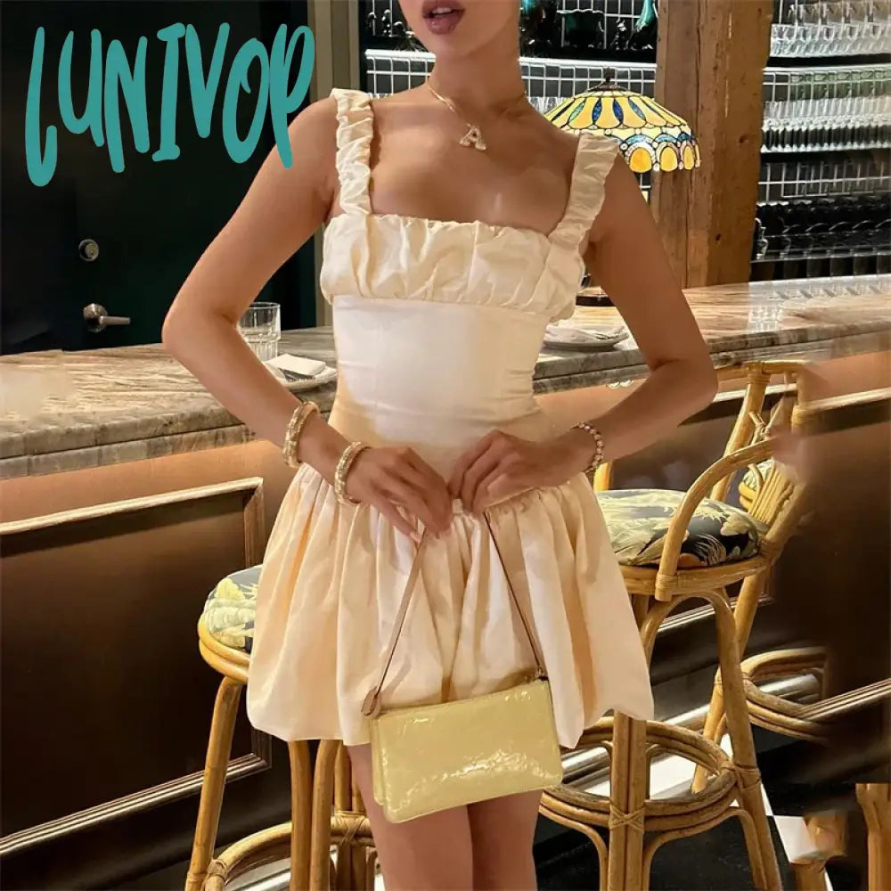 Lunivop Satin Suspender Mini Dress For Women Ball Gown Splice Sexy Sleeveless Ruched Solid Summer New Princess Party Dress Female Tunics Solid Classic Lunivop Satin Suspender Mini Dress For Women Ball Gown Splice Sexy Sleeveless Ruched Solid Summer New Princess Party Dress Female Tunics Solid Classic