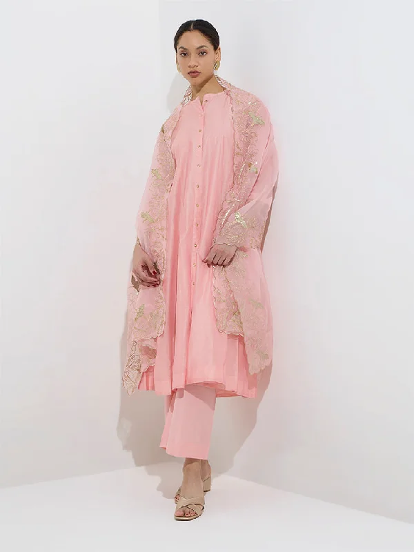 Vark Pink Cotton-Blend Kurta, Pants and Organza Dupatta Set Warm Wool Trousers