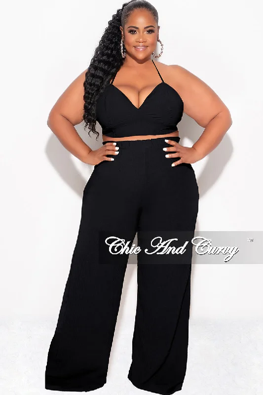Final Sale Plus Size 3pc (Duster, Crop Self Tie Top & Pants) Set in Black Slim-Fit Khaki Pants