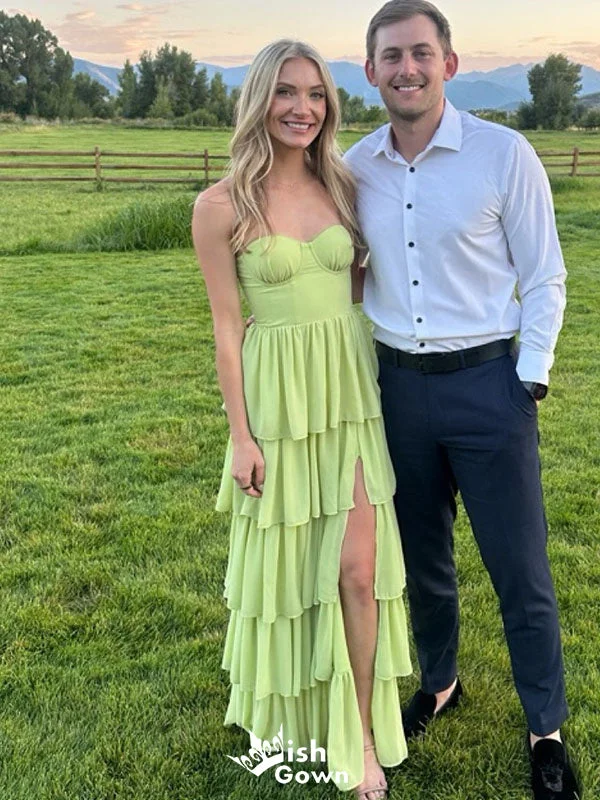 Elegant Green Strapless A-line Tiered Side Slit Long Party Dress Prom Dresses,WGP983 Tunics Summer linen