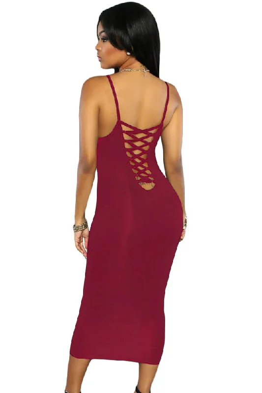 Burgundy Lace-up Back Midi Party Dress Boatneck Modish Everyday