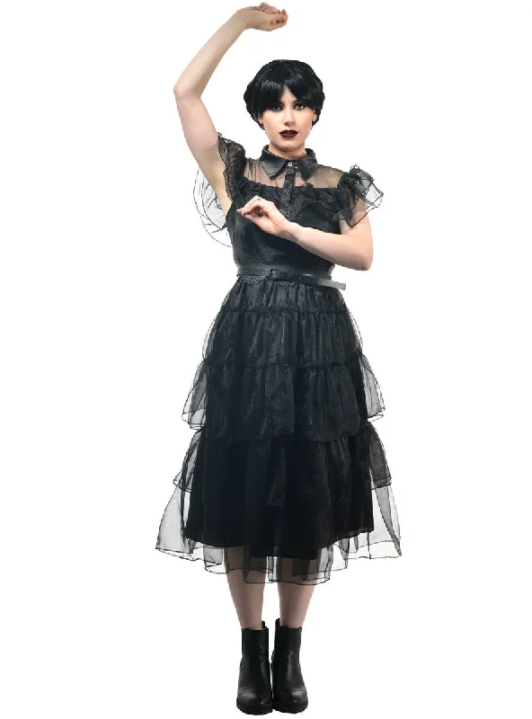 Deluxe Womens Wednesday Addams Party Dress Costume Peplum Ruffle Cocktail
