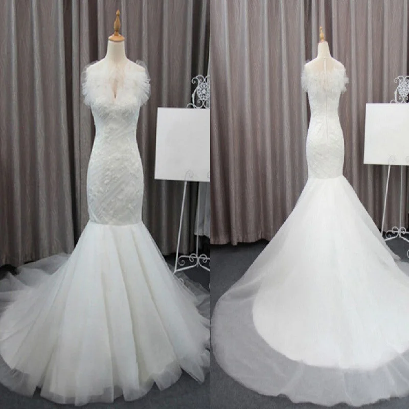 Gorgeous Elegant White Lace Mermaid Tulle Wedding Party Dresses, Bridal Gown, WD0072 Cowl Neckline Elegant Gorgeous Elegant White Lace Mermaid Tulle Wedding Party Dresses, Bridal Gown, WD0072 Cowl Neckline Elegant