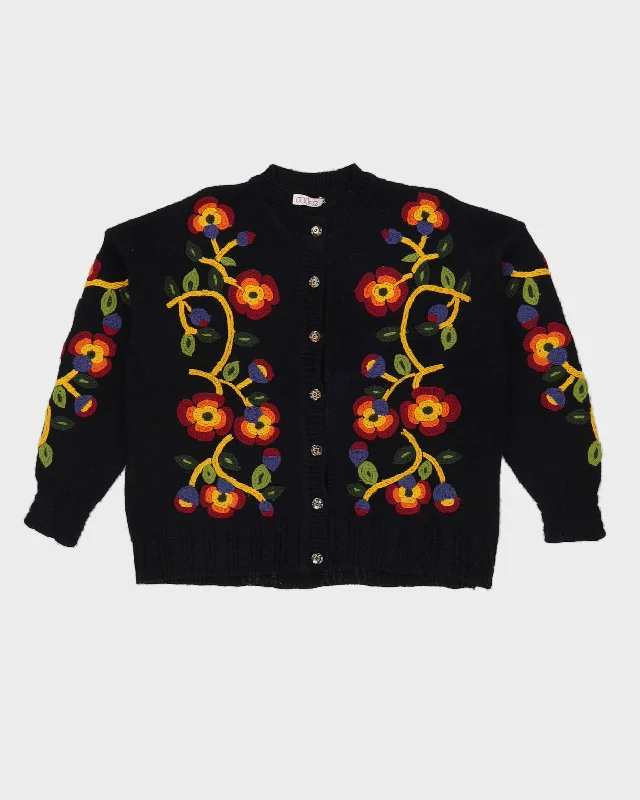 Black With Floral Embroidery Cardigan - M Casual Formal Business