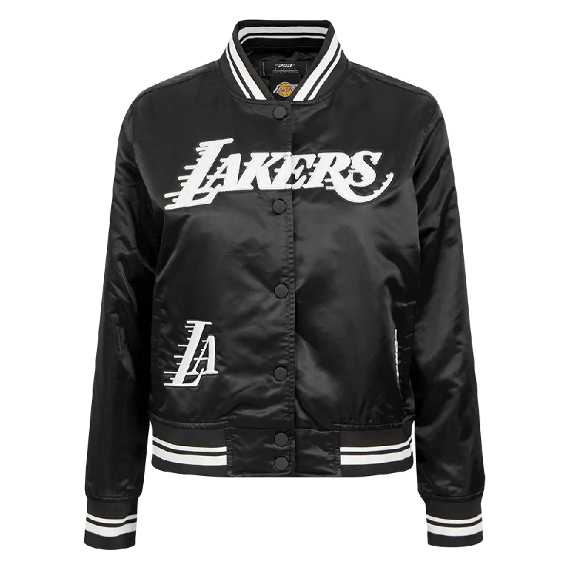 NBA LOS ANGELES LAKERS PEARLS WOMEN'S RIB SATIN JACKET (BLACK) Striped Jacket Polka Dot Jacket Floral Jacket