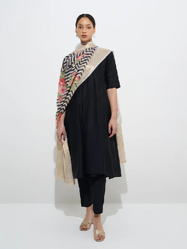 Vark Black Kurta with Ethnic Pants and Chevron Dupatta Set Casual Sweatpants Style