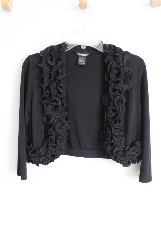 Glamor Black Ruffle Cardigan Shrug | S Chenille Brocade Lace