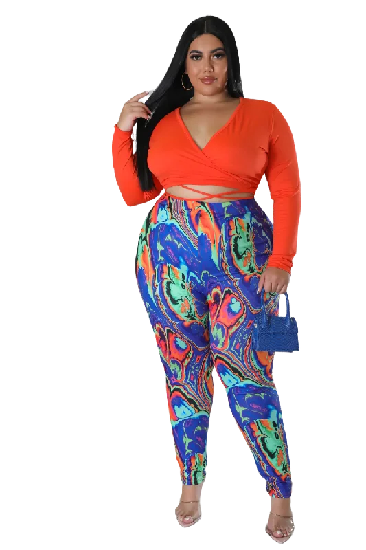 Final Sale Plus Size 2pc Long Sleeve Faux Wrap Collar Orange Crop Tie Top and Pants in Multi Color Swirl Print Casual Lounge Pants