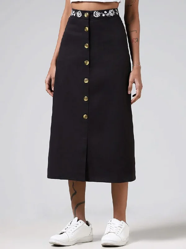 Bombay Paisley Black Embroidered Waistline Cotton Button-Down Skirt wrap skirt elegant