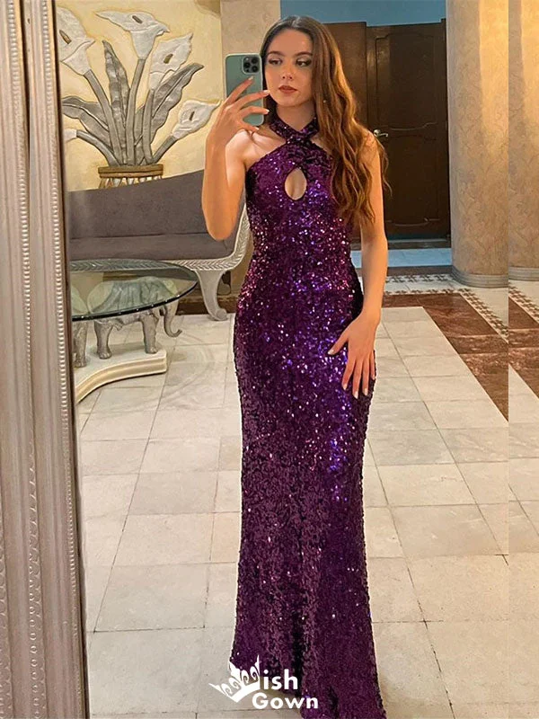 Gorgeous Shiny Purple Halter Mermaid Long Party Dress Prom Dresses ,WGP1016 Tunics Print Colorful