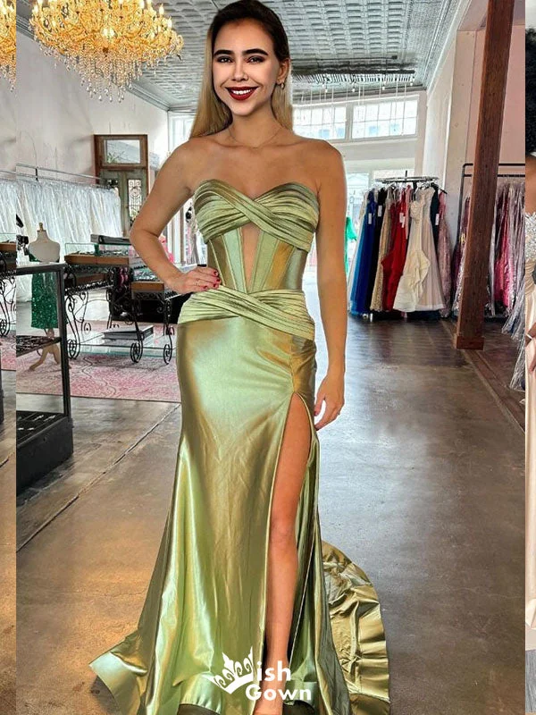 Elegant Green Strapless Mermaid Side Slit Long Party Dress Prom Dresses,WGP981 Tunics Vintage classic