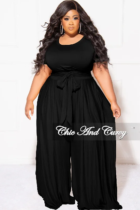 Final Sale Plus Size 2pc Set Cropped Tie Top & Pants in Black Comfortable Denim Leggings