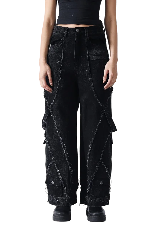 Denim Acid Wash Cargo Pants Trendy Printed Leggings