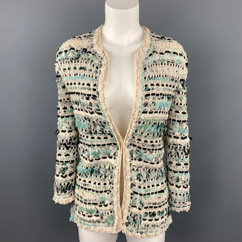 OSCAR DE LA RENTA Size S Cream & Teal Blue Woven Silk Crochet Cardigan Jacket Nylon Fabric Polyester Fabric Spandex Fabric OSCAR DE LA RENTA Size S Cream & Teal Blue Woven Silk Crochet Cardigan Jacket Nylon Fabric Polyester Fabric Spandex Fabric