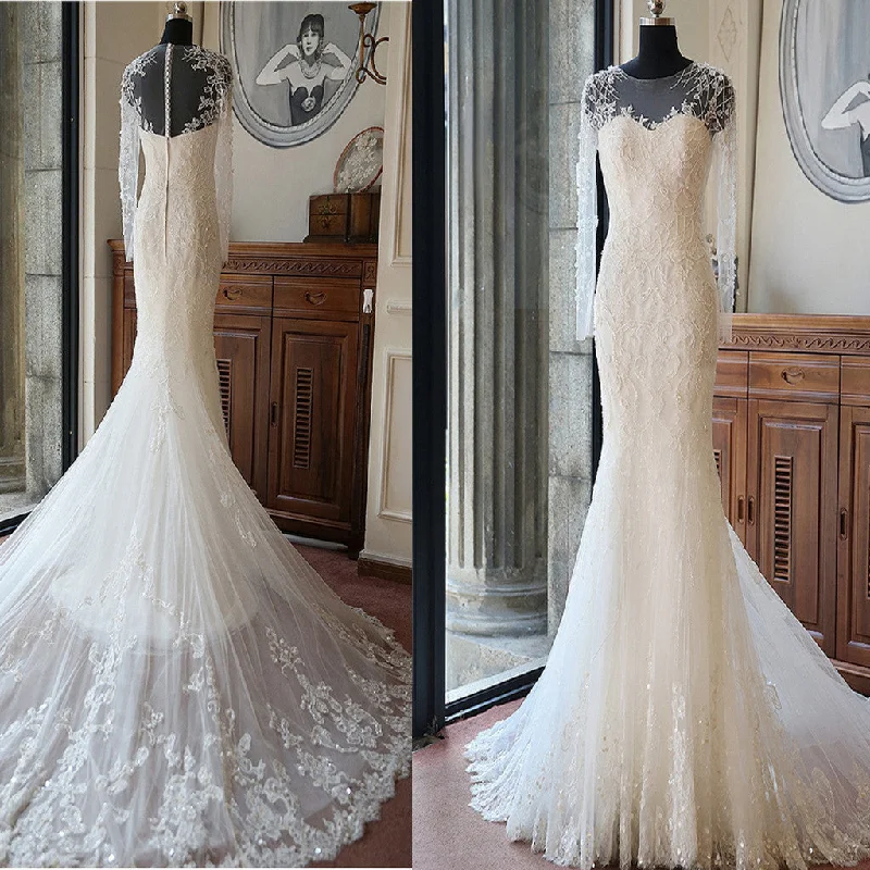 High Quality Custom Long Sleeve Sexy Mermaid White Lace Beaded Wedding Party Dresses, WD0011 Tunics Velvet soft High Quality Custom Long Sleeve Sexy Mermaid White Lace Beaded Wedding Party Dresses, WD0011 Tunics Velvet soft