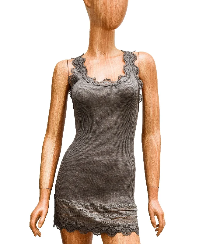 Fitted Taupe Ribbed Tank with Lace Trim sage tank top