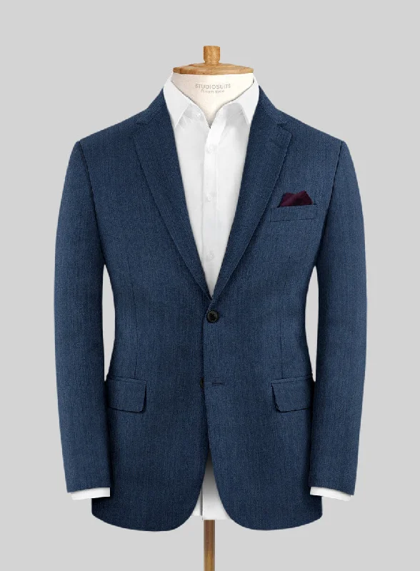 Scabal Tornado Herringbone Casa Blue Wool Jacket Boat Neck Shawl Collar Notched Collar