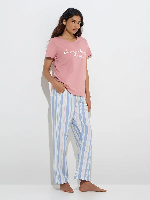 Wunderlove Blue Striped High-Rise Cotton Lounge Pants Cozy Knit Pants