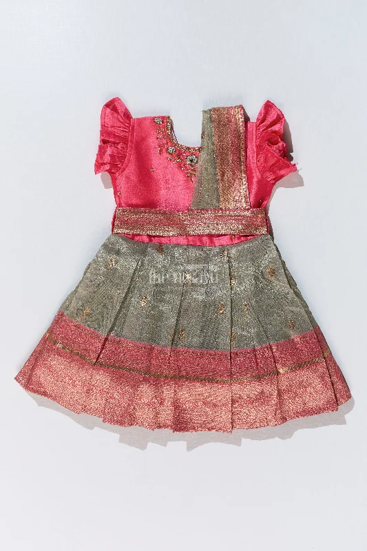 Girls Silk Blend Party Dress with Traditional Zari Border and Elegant Embroidery Pencil Length Work Girls Silk Blend Party Dress with Traditional Zari Border and Elegant Embroidery Pencil Length Work