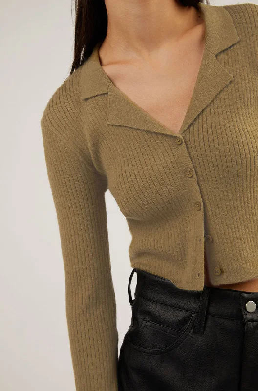 CROPPED COLLARED RIB-KNIT CARDIGAN Open Front Closed Front Wrap Front