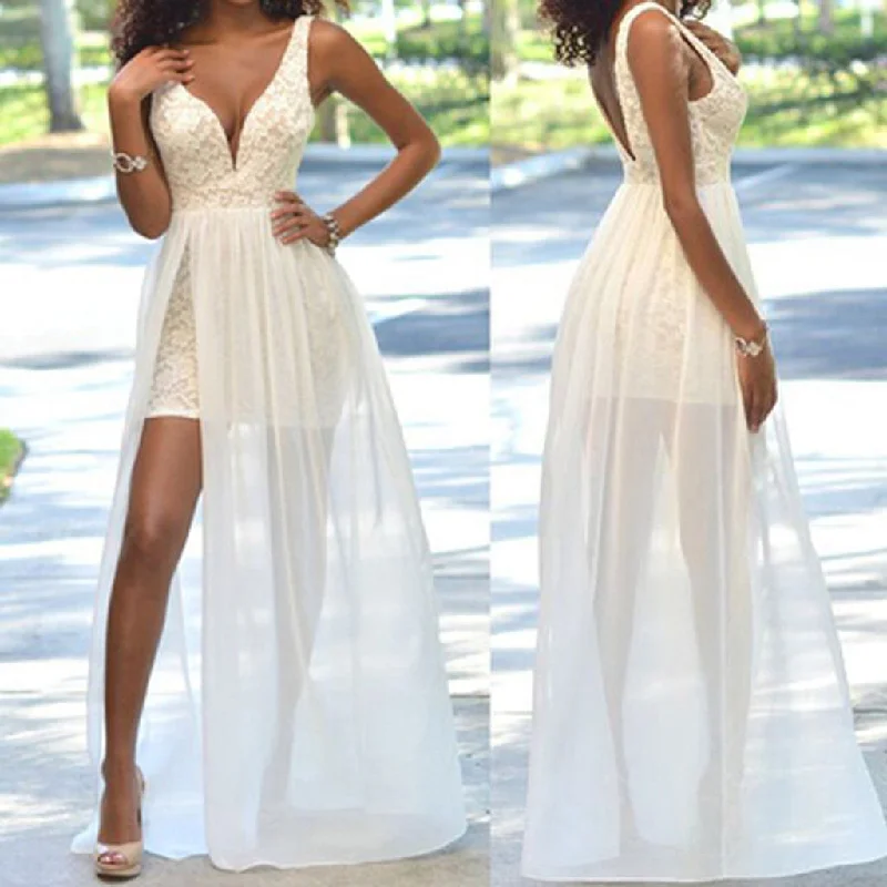 Cheap Popular Simple Ivory Lace Side Slit Chiffon Wedding Party Dresses, WD0048 Tunics Hiking breathable