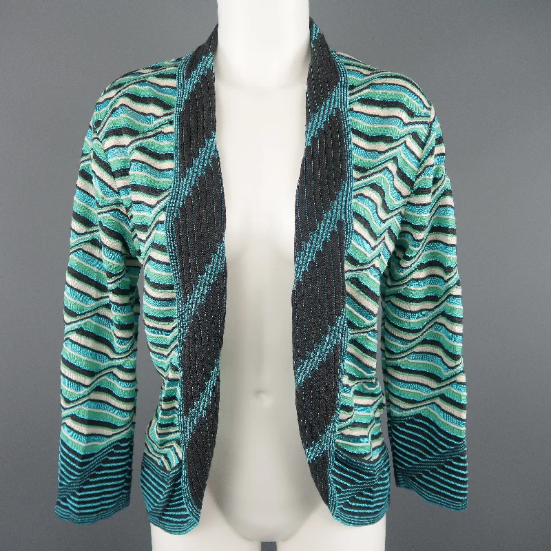 M MISSONI Size 10 Blue & Green Wool / Viscose Textured Print Knit Cardigan Neon metallic Matte