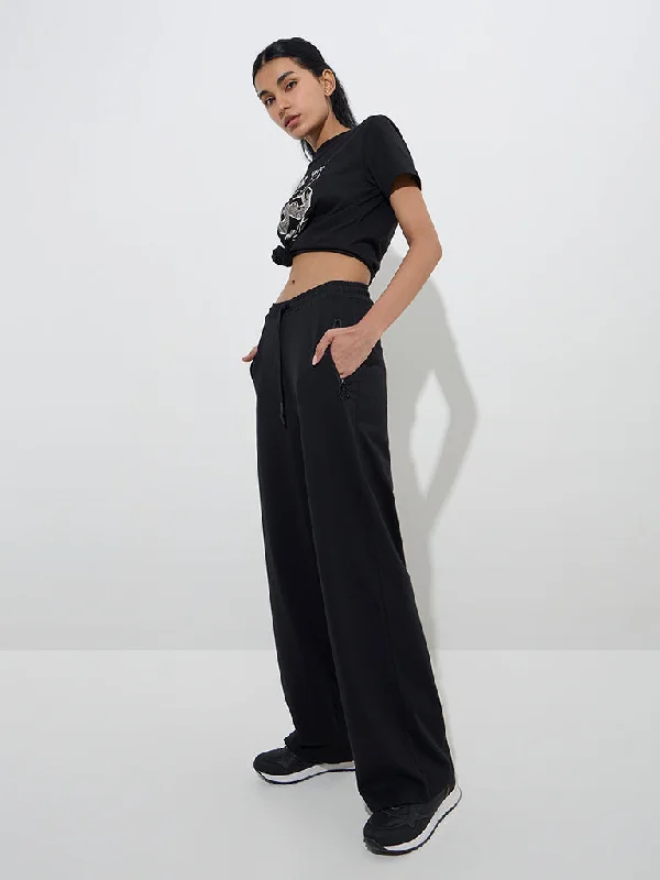 Studiofit Black High-Rise Cotton Track Pants Relaxed Linen Pants