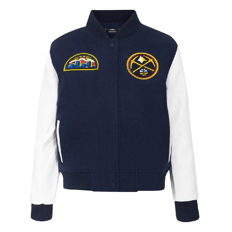 NBA DENVER NUGGETS CLASSIC WOMEN'S WOOL VARSITY JACKET (MIDNIGHT NAVY/WHITE) Stand-Up Collar Roll-Neck Collar Turtle Neck