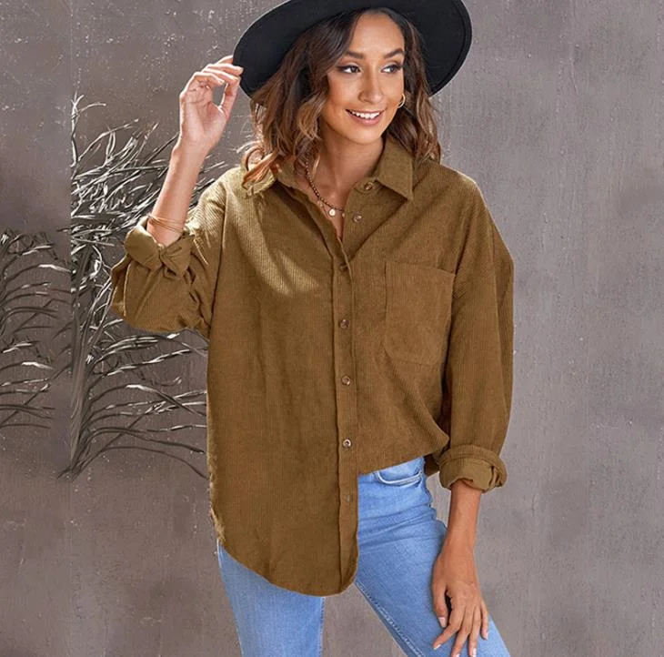 Winter Shirt new breasted lapel pocket jacket corduroy cardigan Blouse for women Wool Fabric Cashmere Fabric Tweed Fabric
