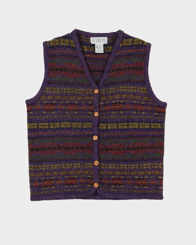 Purple Patterned Knitted Sleeveless Cardigan - M Patchwork Embroidered Appliqued