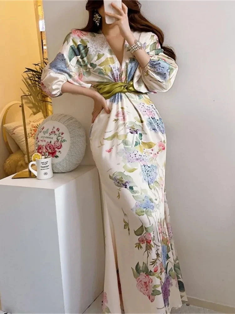 Cinessd Christmas Gift Outfit Spring Summer Floral Print Party Dresses Women Vintage Bodycon V-neck Lantern Sleeve Robe Female Elegant Birthday Clothing Tunics Distressed trendy Cinessd Christmas Gift Outfit Spring Summer Floral Print Party Dresses Women Vintage Bodycon V-neck Lantern Sleeve Robe Female Elegant Birthday Clothing Tunics Distressed trendy