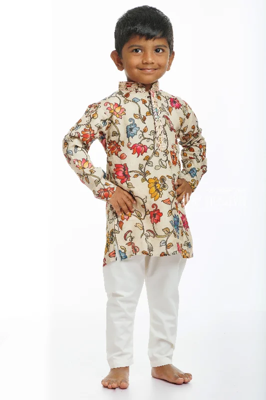Nesavu Boys Floral Print Kurta Cream Pant Set Stylish Slim Trousers