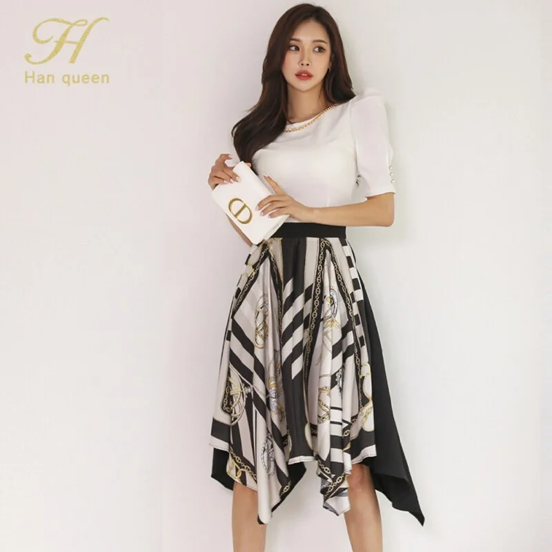H Han Queen Korean 2 Pieces Set Women Summer Puff Sleeve Top & High Waist A-Line Drape Print Skirts Chic Casual Office Lady Suit cotton skirt soft