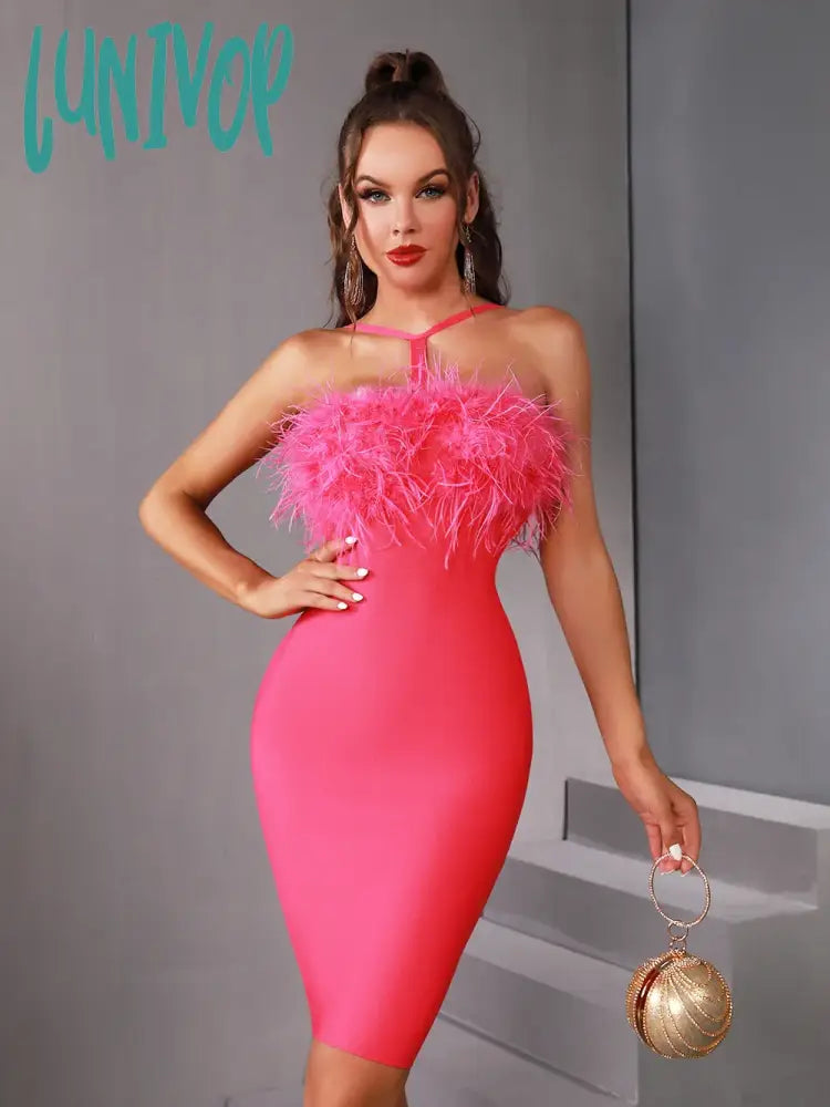 Lunivop Women Summer Fashion Sexy Cut Put Feather Hot Pink Mini Bodycon Bandage Dress Elegant Evening Club Party Dress Crew Neckline Sporty Lunivop Women Summer Fashion Sexy Cut Put Feather Hot Pink Mini Bodycon Bandage Dress Elegant Evening Club Party Dress Crew Neckline Sporty