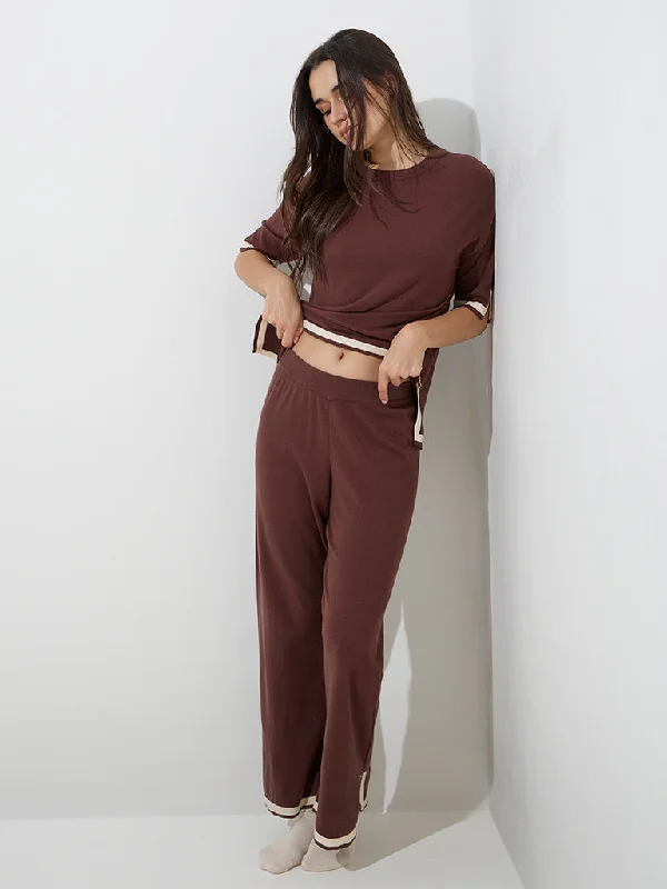 Wunderlove Brown Slit-Detailed Mid-Rise Lounge Pants Stylish Slim Trousers