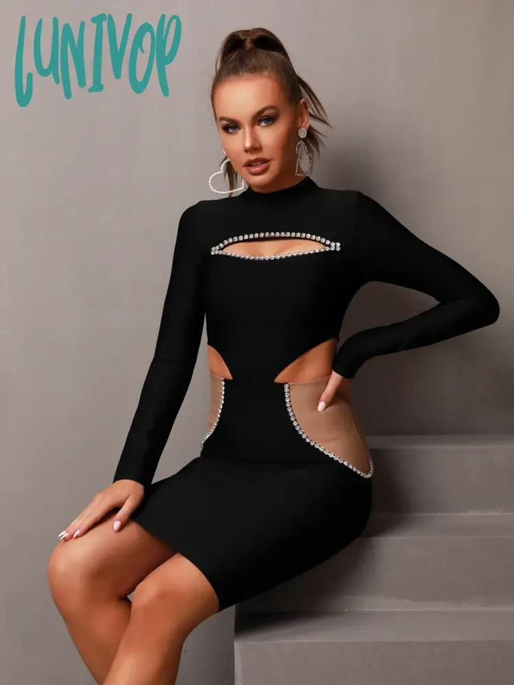 Lunivop Women Winter Sexy Long Sleeve Cut Out Beading Patchwork Black Mini Bodycon Bandage Dress Elegant Evening Club Party Dress Square Neckline Feminine Lunivop Women Winter Sexy Long Sleeve Cut Out Beading Patchwork Black Mini Bodycon Bandage Dress Elegant Evening Club Party Dress Square Neckline Feminine