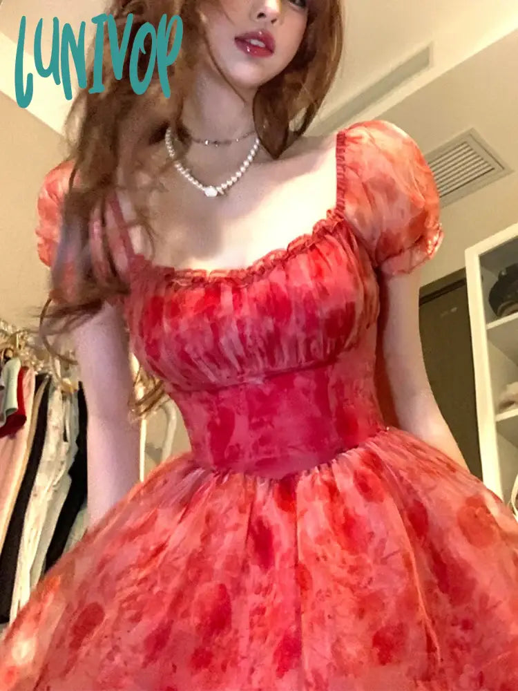 Lunivop Sweet Floral Fairy Short Party Dress Female Elegant French Red Y2k Mini Dress Summer Kawaii Clothing Lolita Dress Lace Chic Tunics Satin smooth Lunivop Sweet Floral Fairy Short Party Dress Female Elegant French Red Y2k Mini Dress Summer Kawaii Clothing Lolita Dress Lace Chic Tunics Satin smooth