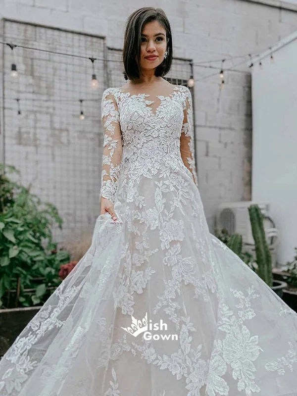 Sexy Long Sleeves Lace Tulle Appliques A-line Wedding Party Dresses With Trailing, WGB012 Tunics Trendy modern Sexy Long Sleeves Lace Tulle Appliques A-line Wedding Party Dresses With Trailing, WGB012 Tunics Trendy modern