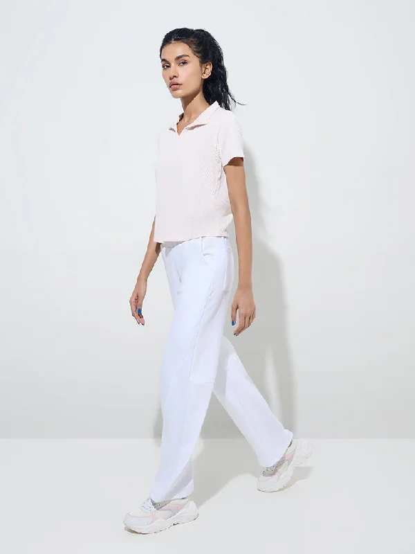 Studiofit White Solid High-Rise Track Pants Comfortable Denim Pants