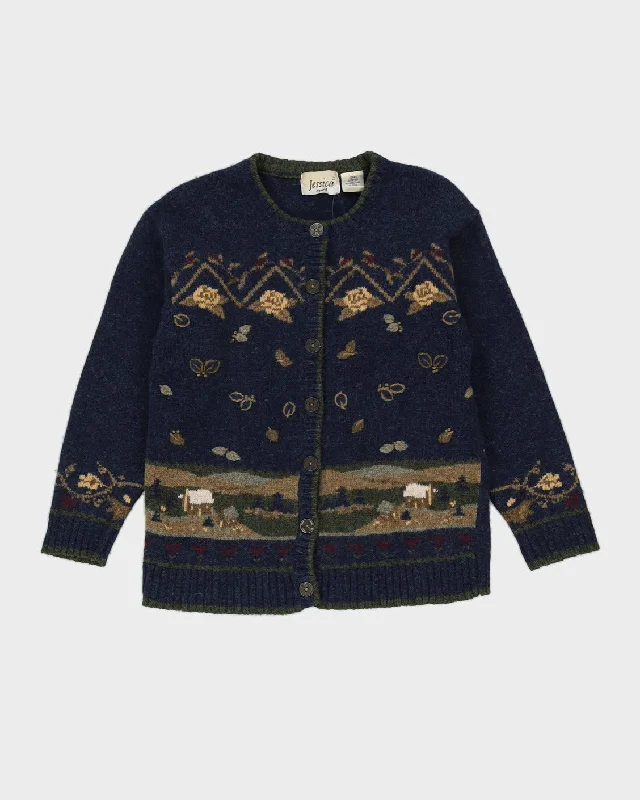 Blue Patterned Wool Knitted Cardigan - S Satin Blend Silk Blend Wool Blend